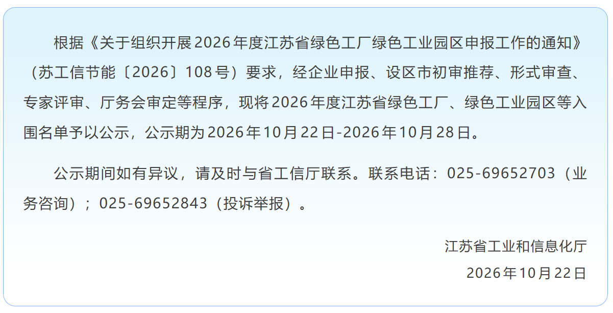 公示 | 2026年度江苏省绿色工厂、绿色工业园区入围名单出炉